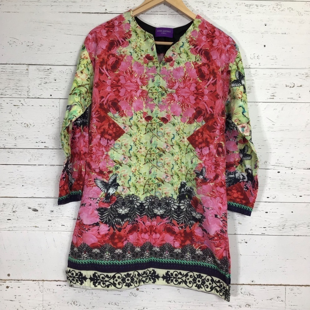 Sana Safinaz Long Tunic Top 100% Cotton Size XS Floral Birds Pattern​​​​​​